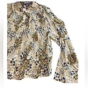 Womens Floral Femin Boho Pullover Collared NEW 1x Long Sleeve Wide Wrist